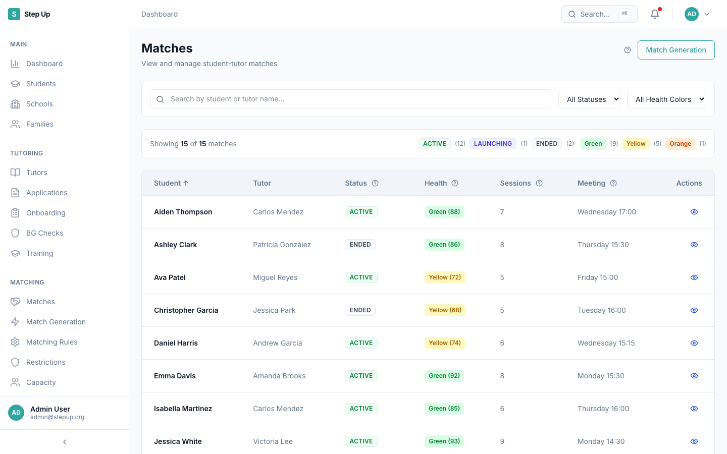 Step Up admin dashboard prototype — Matches module. A list of students paired with tutors, each row showing match status, health score, session count, and next meeting time.